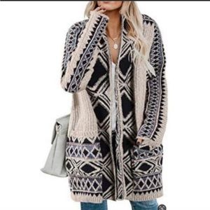 Lucky Brand hooded southwestern Aztec tribal open front sweater